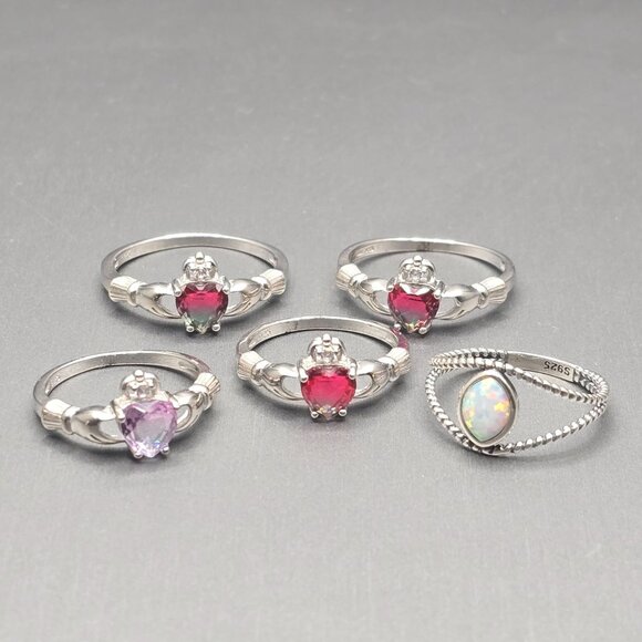 Unbranded Jewelry - Set of 5 Sterling Silver Gemstone Rings Size 6–9 Claddagh Opal Tourmaline Quartz